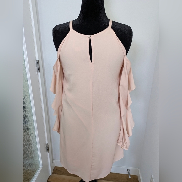 Marchesa Rose women Blush Pink Ruffle Cold Shoulder Long Sleeve Mini Dress Sz M - Picture 8 of 11